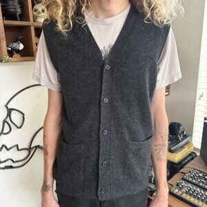 Vintage 90s 2000s Dark Gray Wool V Neck Knit Cardigan Sweater Vest ~ Size Small